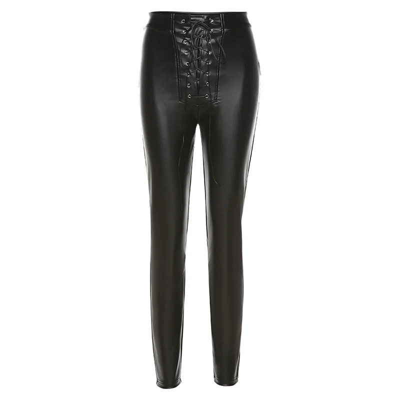

WEPBEL Spring Fashion Solid Color PU Slim-Fit Pants Women's Casual High Waist with Bandage Pencil Pants