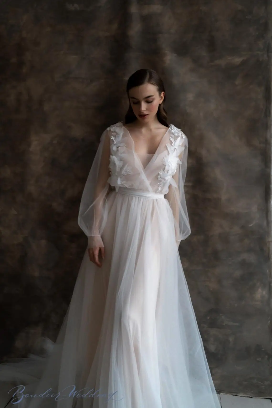 

CloverBrida 2021 Tulle Beach Summer Wedding Dress Lace Appliques 3D Flowers Bohemian Long Lantern Sleeves Bridal Gown WW8421