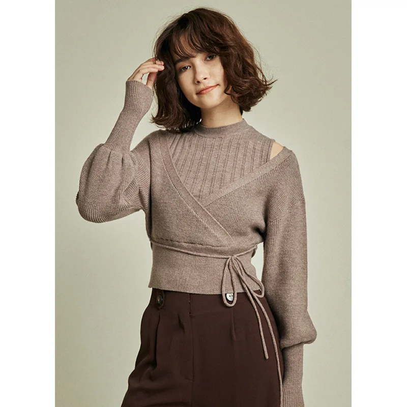 

Ladies Turtleneck Drawstring Puff Sleeve Knitted Sweaters Sweet Loose Shoulder Strapless Womens Tops Autumn Winter New Pullovers