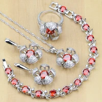 flower 925 silver jewelry red garnet white toapz jewelry sets for women fashion earringspendantnecklaceringsbracelet