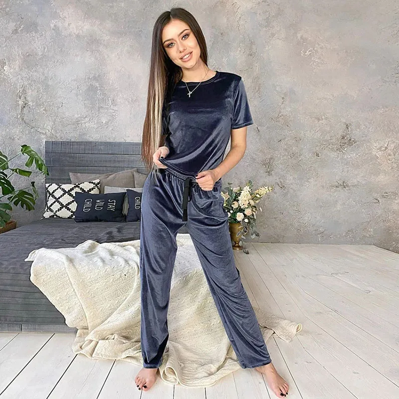 

Blue Velvet Sleepwear Winter Warm Home Suit Sets Female Pajamas Loose Pants Ribbon Knit Short Sleeve Two Piece Set Lounge