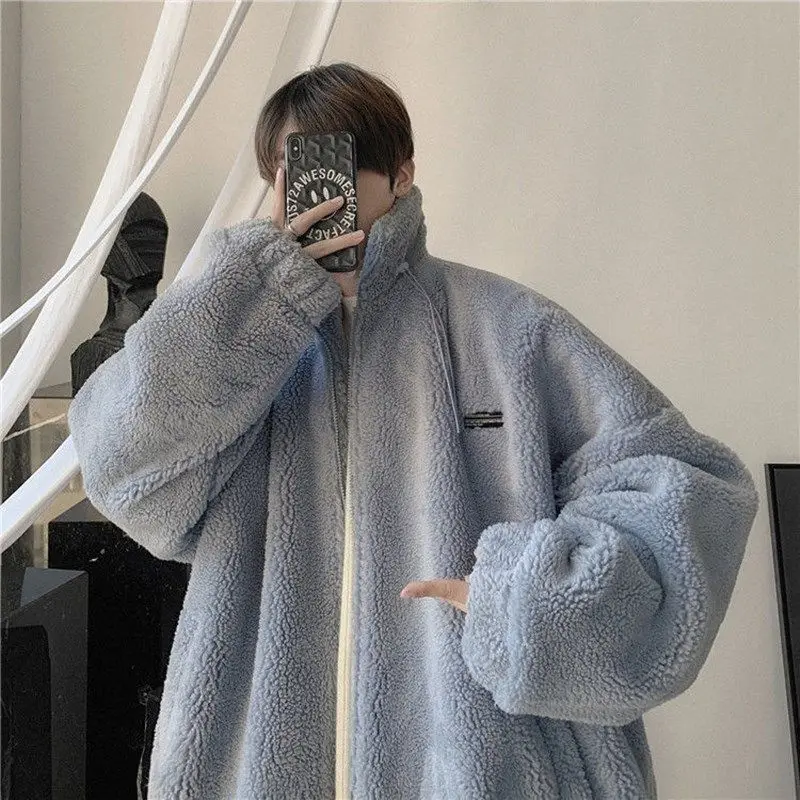 

Lamb Velvet Jackets Men Women Winter Korean Style Stand Collar Zipper Jacket Couples Streetwear All-match Loose Embroidered Coat
