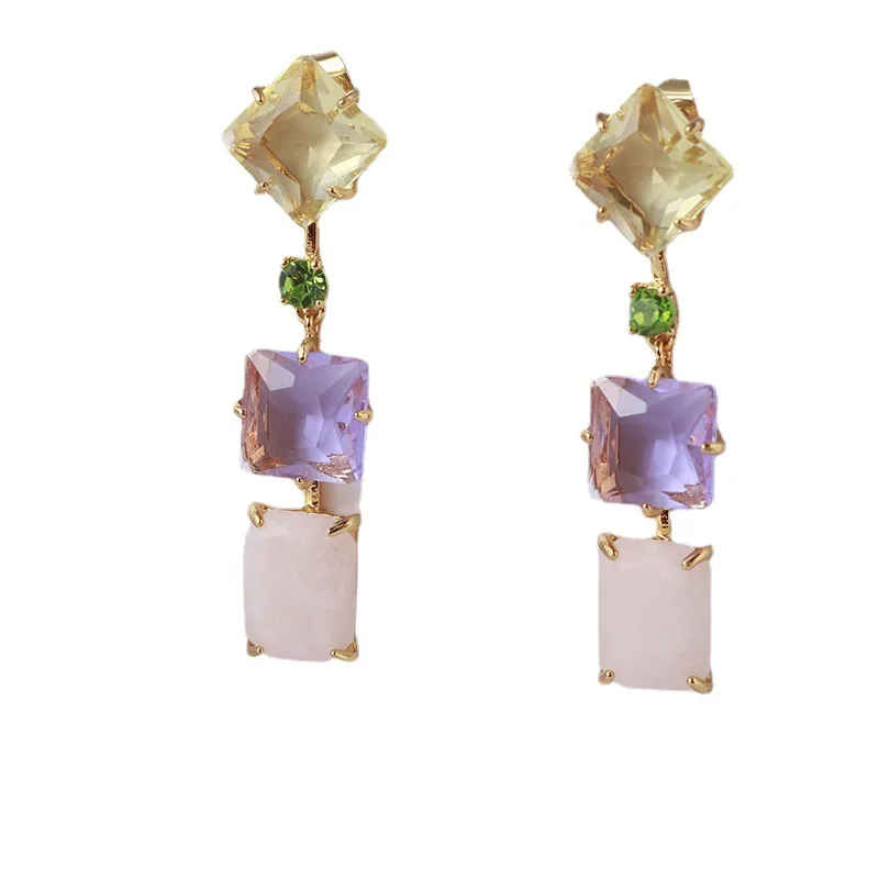 

European and American fashion brand jewelry geometric square inlaid color translucent crystal earrings for women