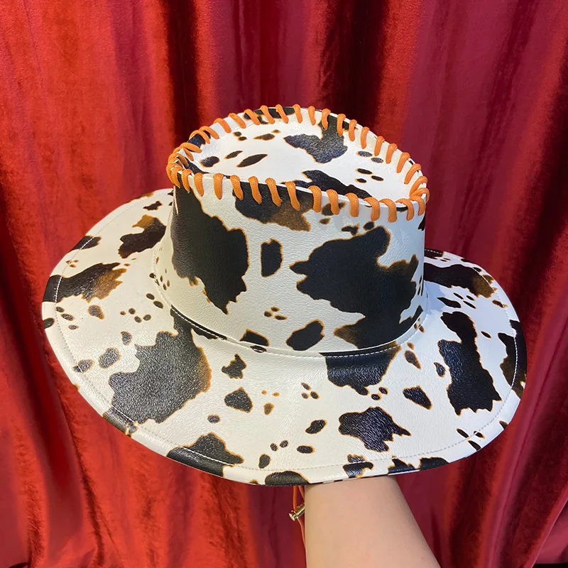 

Cow Grain Leather Big Brim Western Cowboy Hat Retro Handsome Outdoor Travel Knight Cap