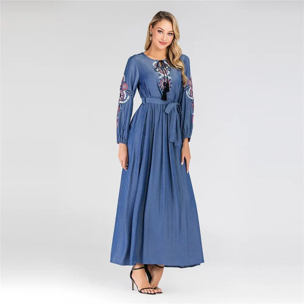Джинсовое Абая платье Дубай для зимы и осени цветочный марокканский кафтан