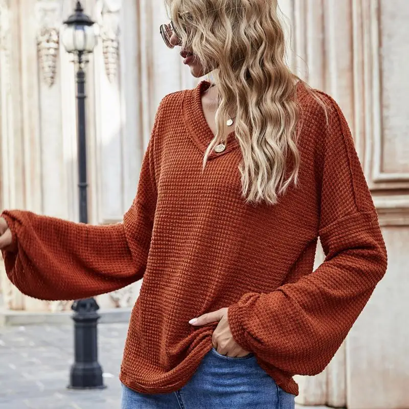 

2021 Fashion Women's V-Neck Pullovers Autumn Sexy Knitwear Sweater Female Casual Loose Solid Lantern Long Sleeve Basic Tops