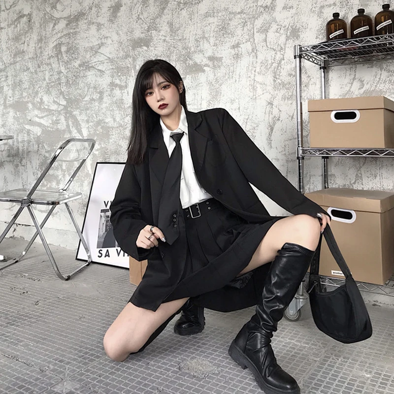 Корейский черный костюм блейзеры верхняя одежда с длинным рукавом женский