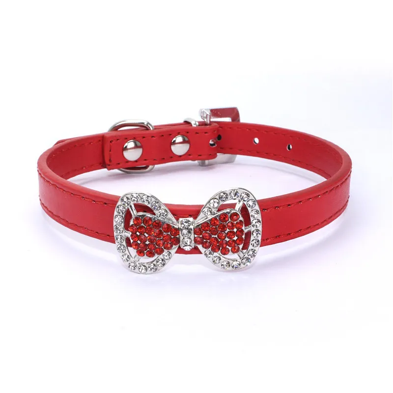 Bling Rhinestone Bowtie Doggy Collar Luxury PU Leather Small Pets Belts Cheap Cute Kitty Collars | Дом и сад