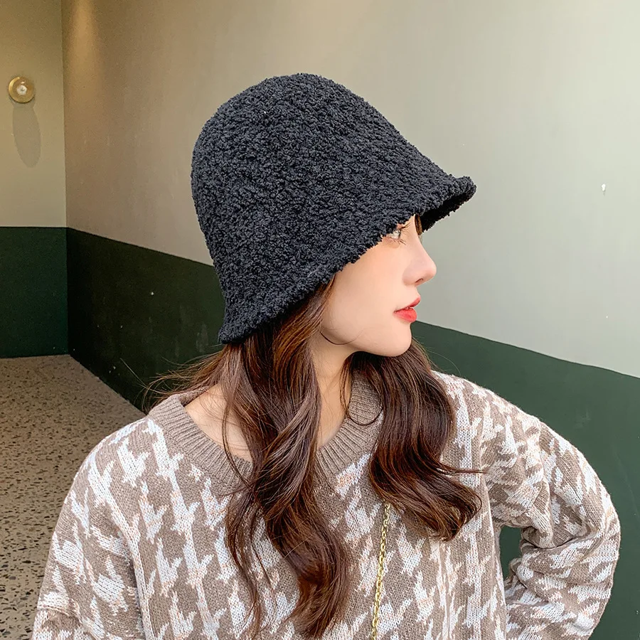 Women's Bucket Hat Winter Cap 2021 Spring Fisherman Hip Hop Plush Lambswool Girls Casual Summer Warm Beach Streetwear