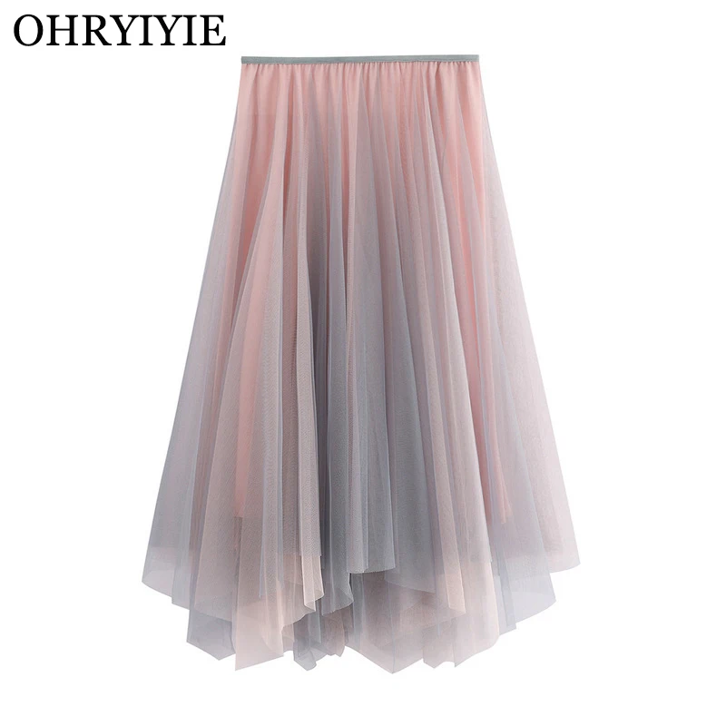 

OHRYIYIE Pink Green Summer Irregular Midi Long Tulle A-line Skirt Women Autumn Sweet Gradient Color High Waist Skirt Female