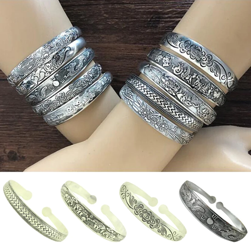 

New Vintage Ethnic Bangles Woman Tibetan Silver Bracelet Dragon Phoenix Carving Flower Pattern Opening Hand Ornaments Jewelry