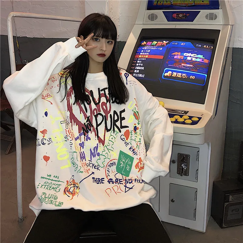 

BF Cartoon Graffiti Hoodie Funny Printed Big Loose Harajuku Hoodies Sweatshirts Hip Hop Kpop Women Hoodie Streetwear Clothes