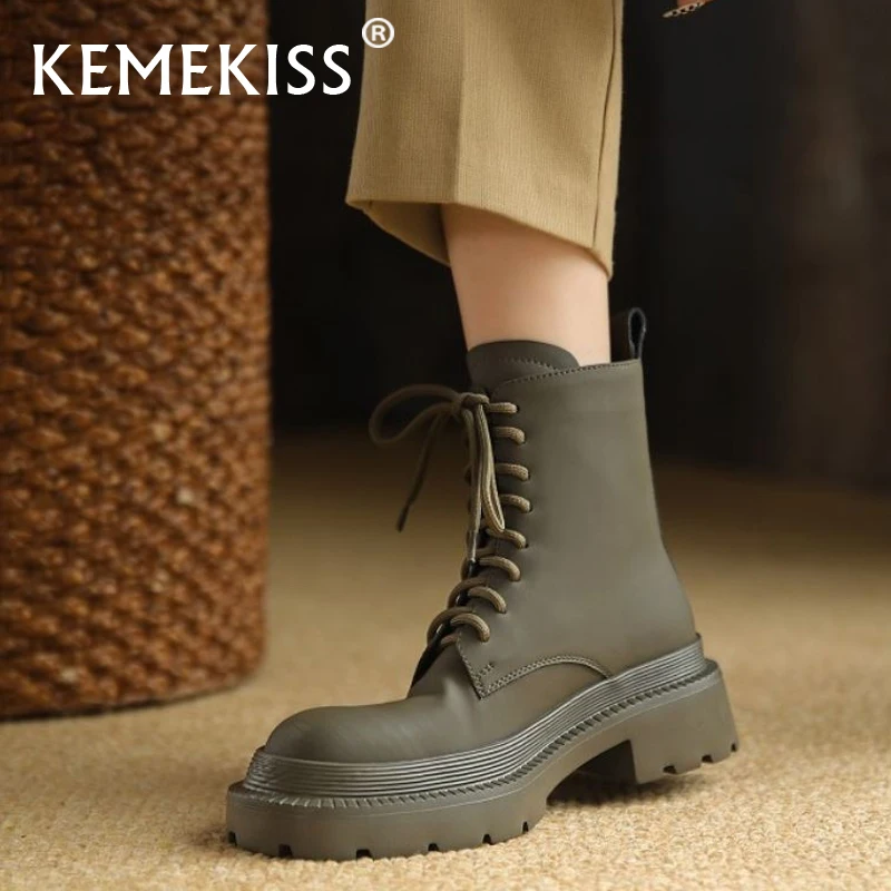 

KemeKiss 2022 Genuine Leather Ankel Boots Shoes Thick Heels Lace Up Fashion Winter Short Boot Outdoor Ladies Footwear Size 34-39