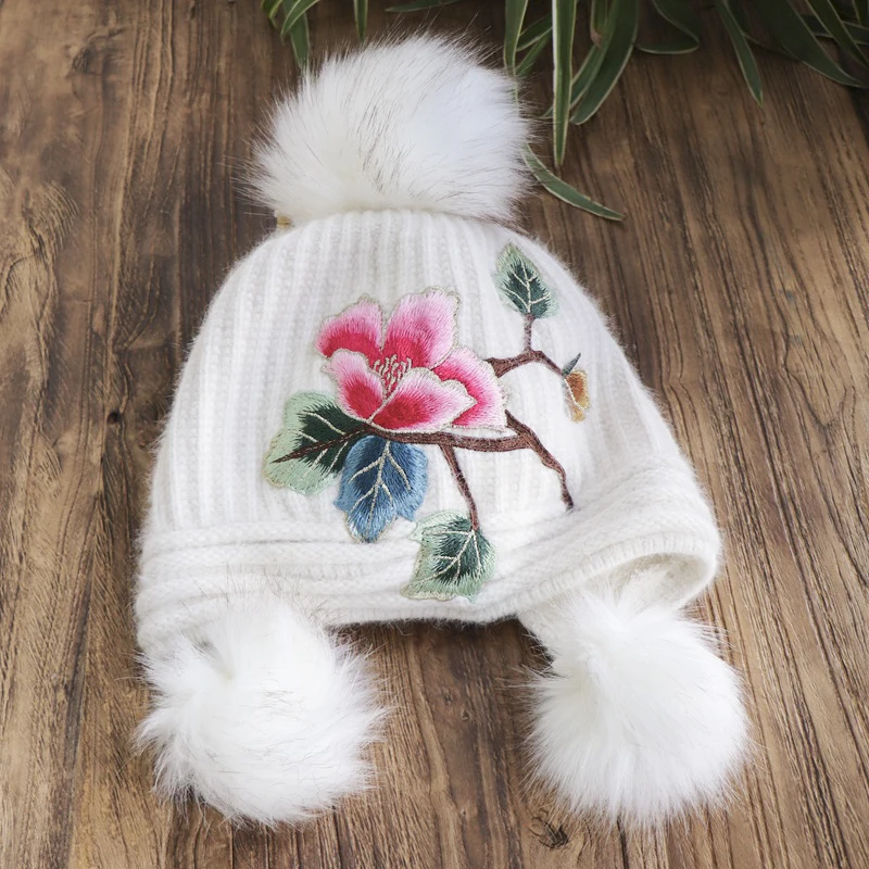 

Winter Hats For Women Chinese National Style Hand Embroidery Pretty Flowers Soft Knitted Hat Solid Bonnet Furry Balls Cap