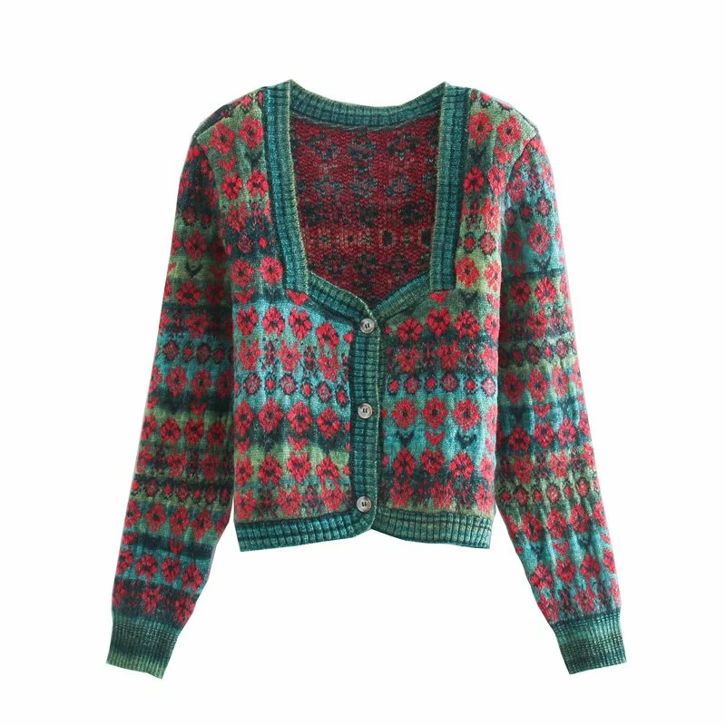 

Vogue Vintage Woman Printed Square Collar Knitted Coat Pop Fashion Ladie Autumn Colorful Cardigan Female Single Breasted Tops