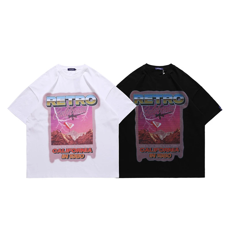 

FOJAGANTO Summer Men Fashion T-Shirt Cotton Western Scenery Letter Print Short Sleeved Couple Casual Oversize Loose T-Shirt Male