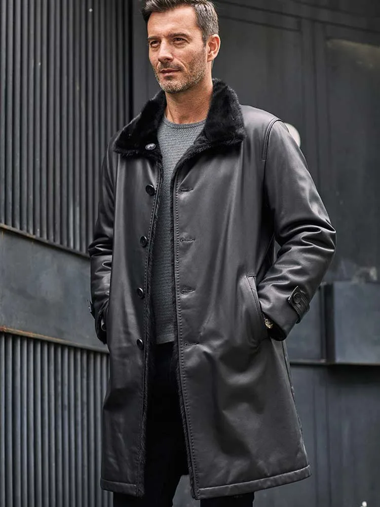 

Mens Cowhide Jacket Long Winter Overcoat Double-Sided Mink Fur Coat Black Leather Parkas