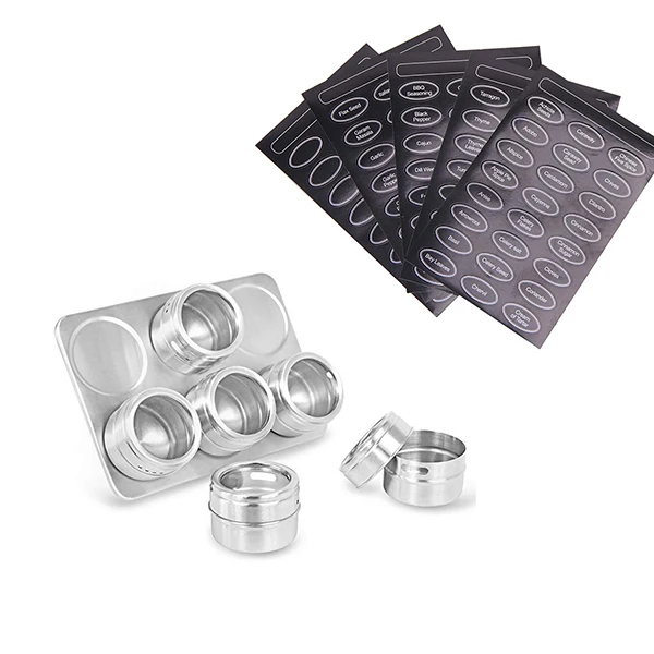 6pcs 6/9/12 шт Магнитный емкости для хранения специй Нержавеющая сталь соль банки перец шейкеры специи стойка для банок органайзеры контейнер с базой этикетки - Цвет: 6pcs