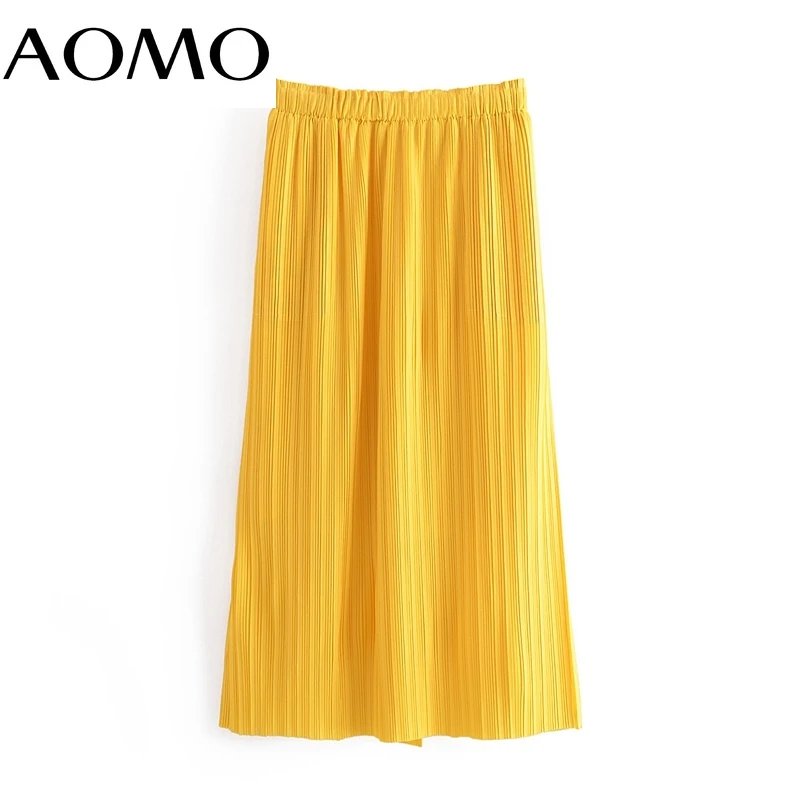 

AOMO Women Yellow Pleated Midi Skirt Faldas Mujer Vintage Strethy Waist Ladies Elegant Chic Mid Calf Skirts 3W111A