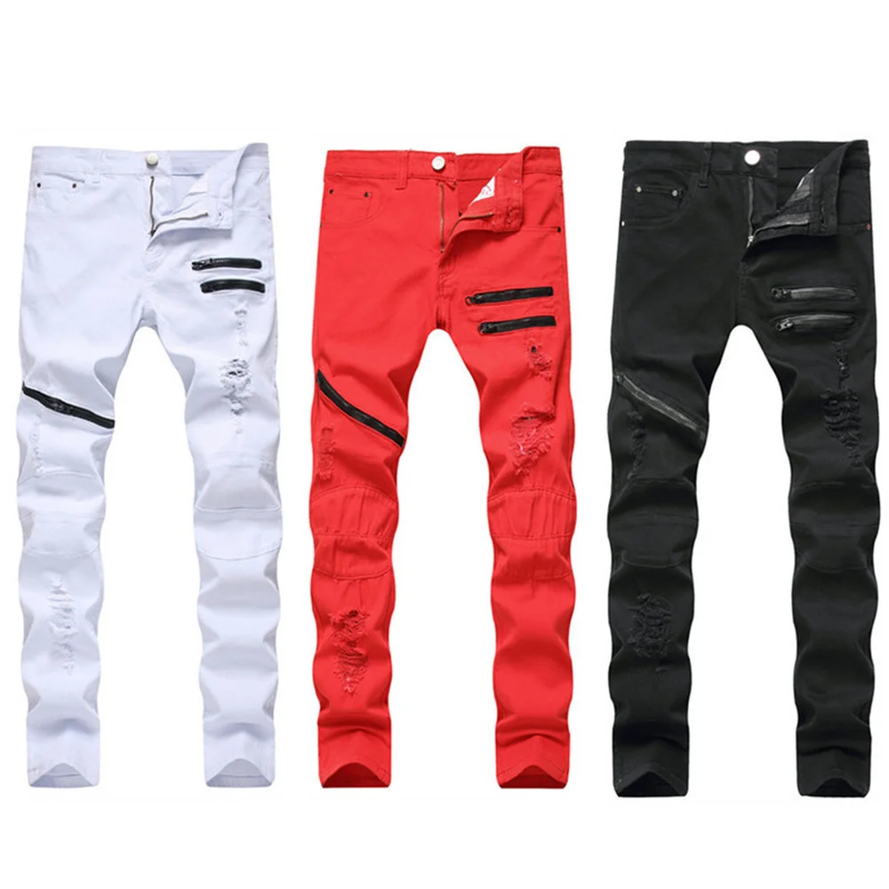 

Men's Zipper Casual Jeans Three-color Ripped Slim Straight Men's Trousers Running Zipper Stylish Moto Pants Hombr Joggers