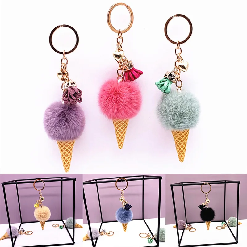

Ice Cream Keychain GiftSoft Artificial Rex Rabbit Hair Ball Keyring Porte Clef Pompom De Fourrure Women Shoulder Bag Car Pendant
