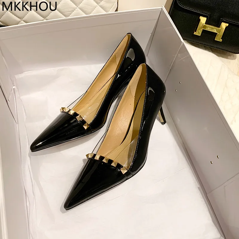 

MKKHOU Fashion Pumps New High-Quality Genuine Leather Pointed Toe Shallow Rivet Stiletto 6cm High Heels All-match Office Lady