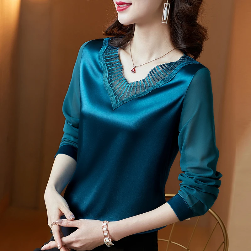 

Spring Korean Fashion Silk Women Blouses Satin Office Lady Mesh Long Sleeve Blusas Largas Plus Size XXXL/5XL Women Shirts