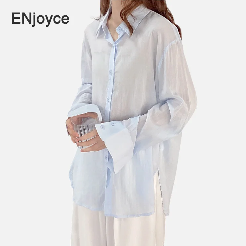 

Autumn Thin Cotton Women Blouse Shirt Ladies Casual Loose Transparent Long Section Shirts Blue Tops Workwear