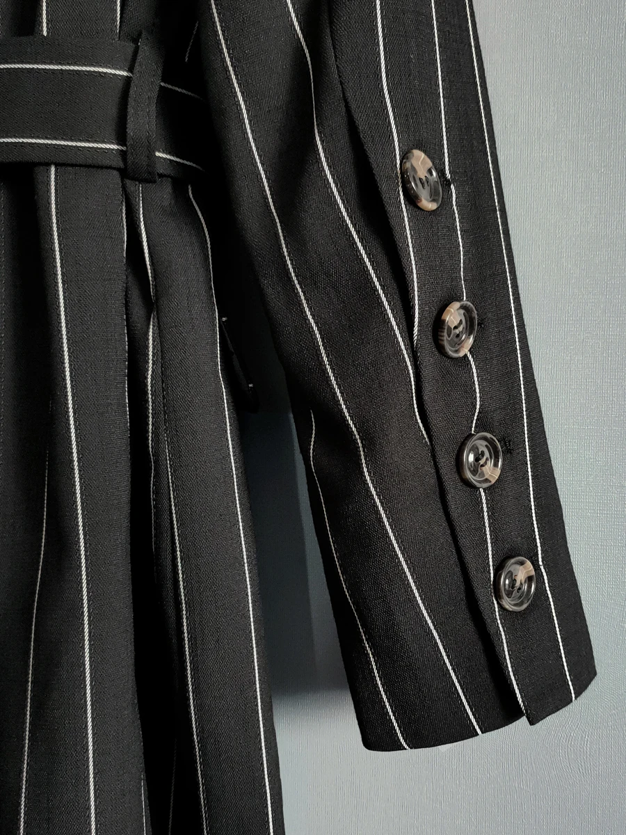 Striped medium length suit women 2021 spring and autumn new belt exquisite suit top double breasted coat 21251
