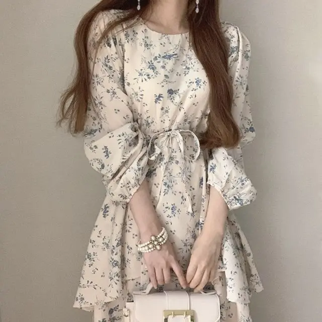 

Korejpaa Women Dress 2021 Summer Temperament Gentle Round Neck Tie Waist Irregular Double Layer Cake Chiffon Floral Vestidos
