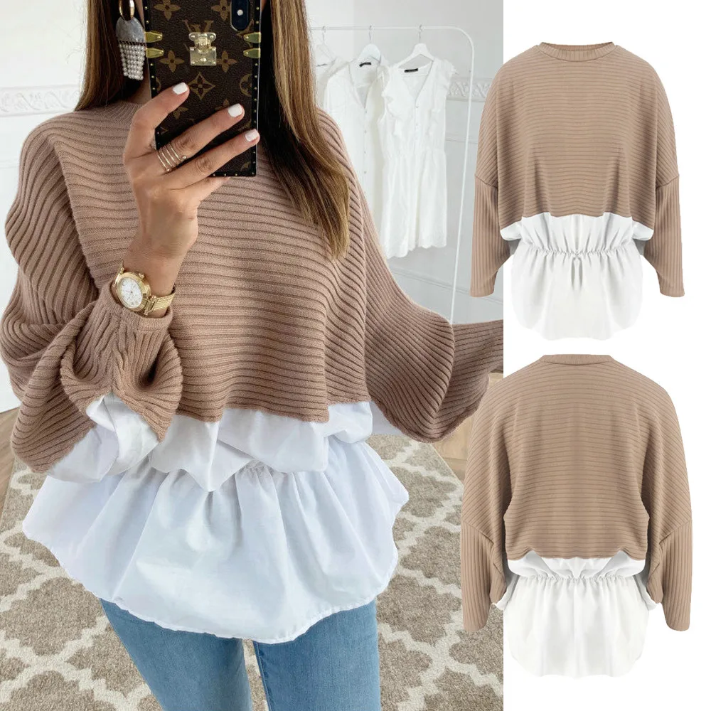 Fashion Womens Long Sleeve Pullover Casual Blouse Loose Baggy Shirt Tops Sweater Knitted Warm Winter Patchwork Soft Clothes | Женская