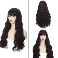 keko long black brown hair wig synthetic wigs with full bangs 25inch water wave wig for women daily use party cosplay