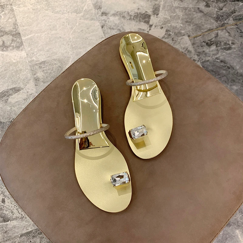

2021 summer new Rhinestone thin belt with clip toe sandal set toe flat bottom flat heel women's slippers
