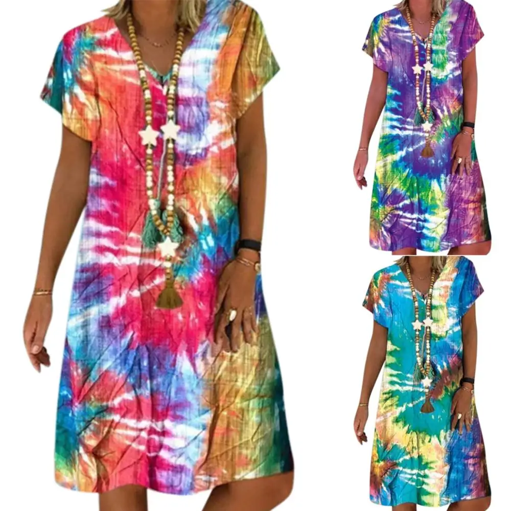 

VICABO Large Size Dress for Women Summer 2020 Casual Loose Striped Color Tie Dye Printed Dresses Ladies Leisure V Neck Vestidos