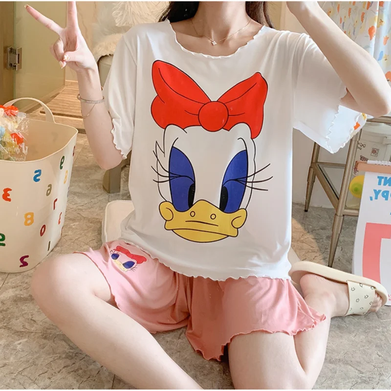 Disney Anime Minnie Mouse Daisy Cute Kawaii Pijama Mujer Verano with Shorts Loose Soft 2 Piece Set Sleepwear Women Home Suit