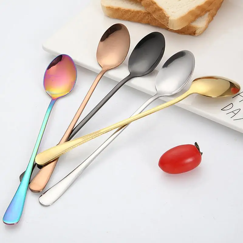 

6 Colors Stainless Steel Coffee Spoon Long Handle Dessert Ice-cream Scoops Stirring Soup Teaspoons Household Kitchen Tableware