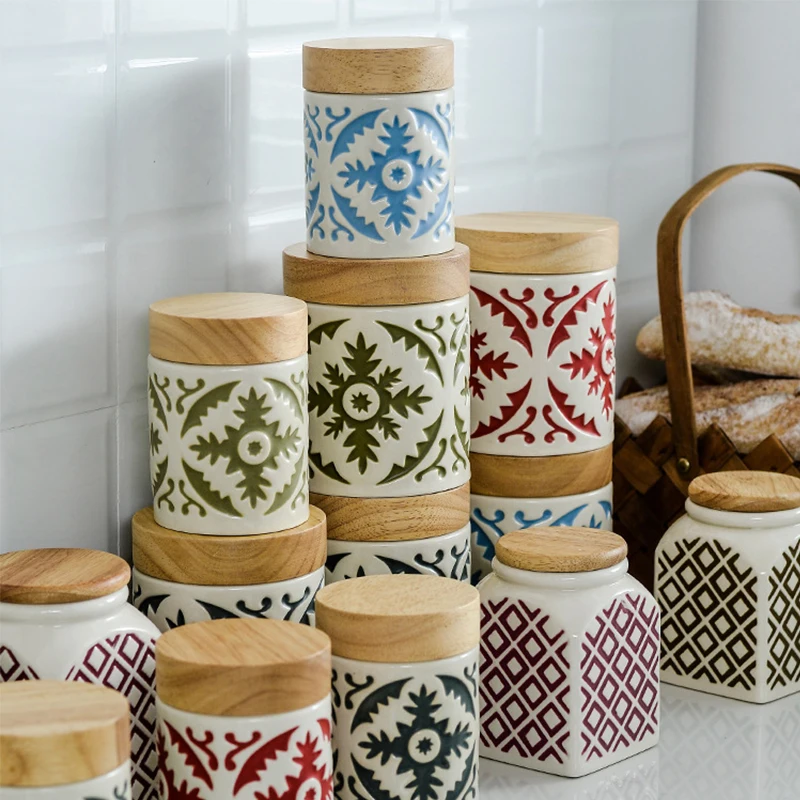 

Ceramic Kitchen Jars Wooden Cover Food Container Set Kitchen for Storage and Order Bulk Cereals Organizer Spices Organization