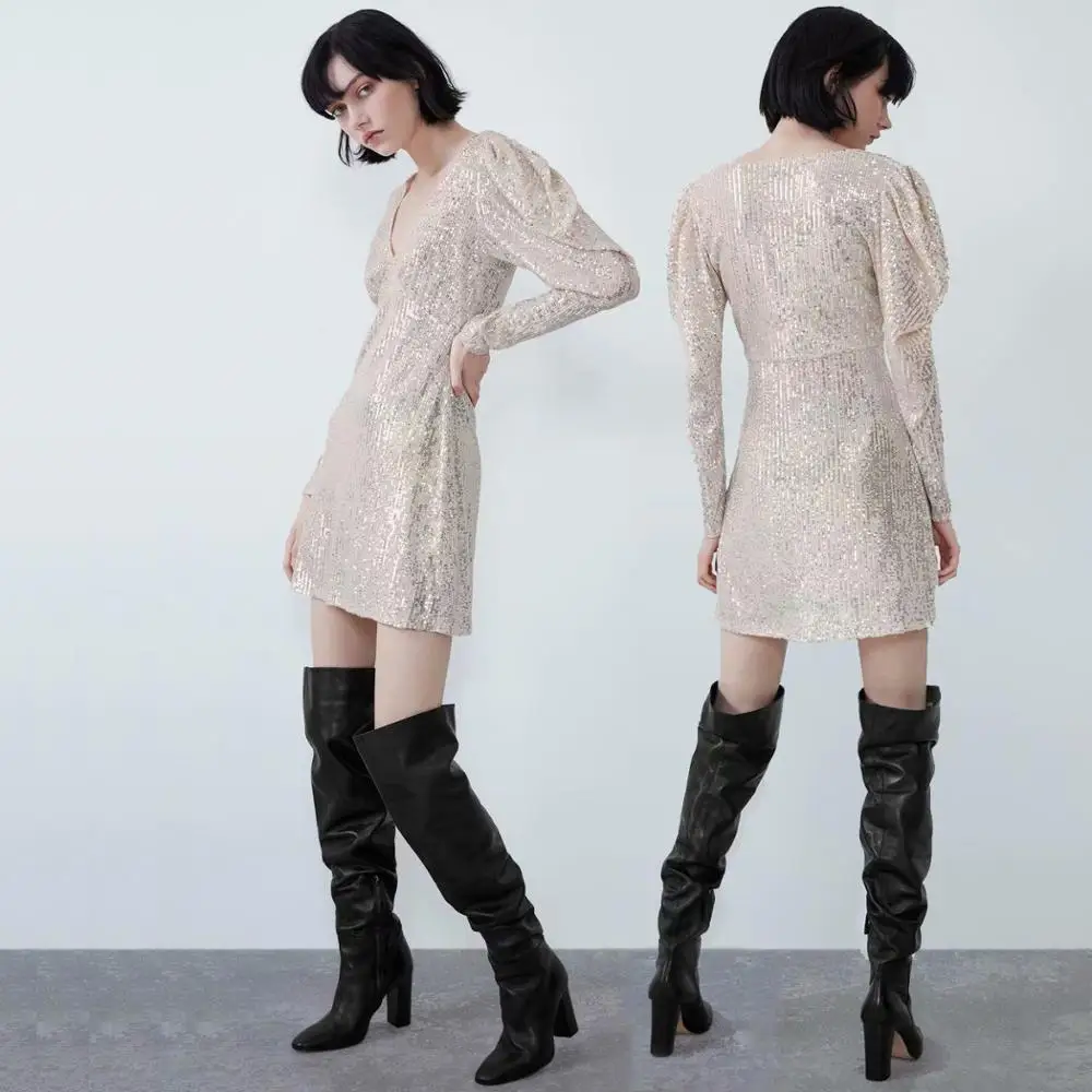 Ladyfirsy ZA модное мини-платье с блестками для женщин сексуальное Клубное