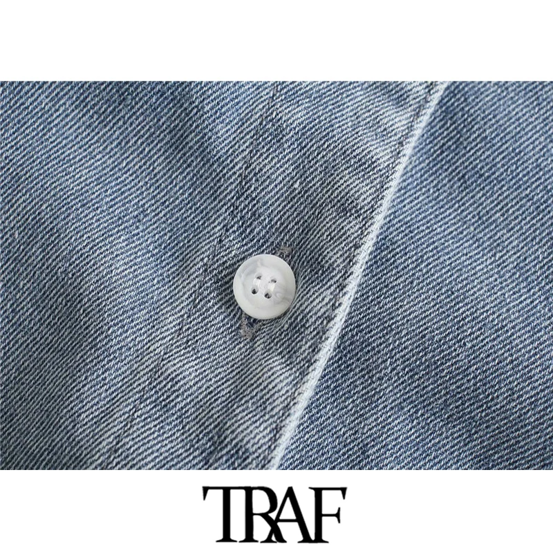 

TRAF Women Fashion With Elastic Trims Denim Cropped Blouses Vintage Strapless Button-up Female Shirts Female Chic Tops