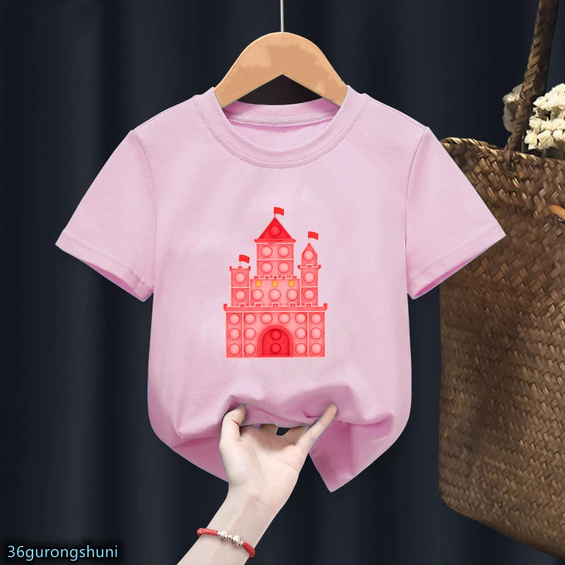 

Kawaii футболка для девочек Забавный поп It замок мультяшный принт детская футболка модная детская одежда розовые футболки с коротким рукавом ...