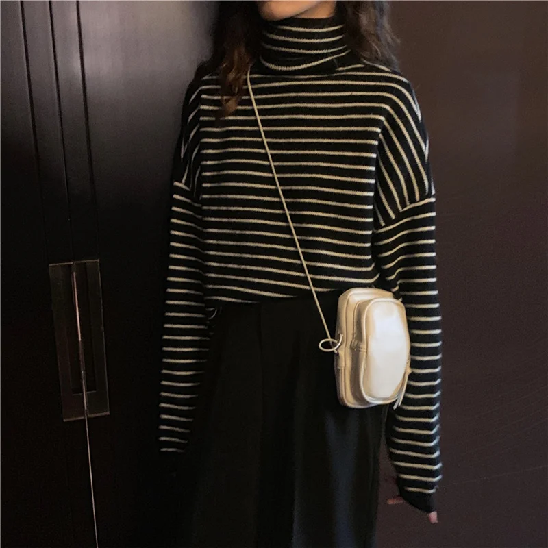 

KUSAHIKI Korean Stripe Turtleneck Pullover Sweater Causal Long Sleeve Pull Femme 2021 Spring New Knitted Top Jumper 6E852