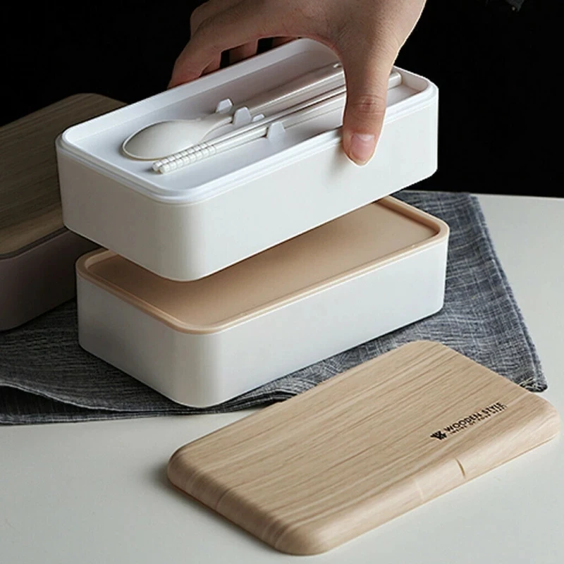 

Portable 2 Layers Lunch Box Storage Wood Bento Food Container Microwavable Dinnerware Heatable Lunchbox Kid School Office Bowl