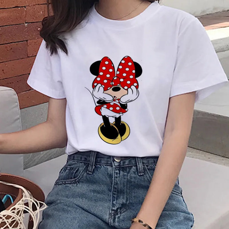 Harajuku футболка с принтом Минни Маус, женская модная футболка с леопардовым глазом, футболка с круглым вырезом и коротким рукавом, белая футболка, Топ для женщин