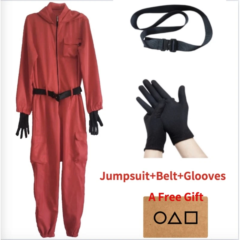 

Squid Game Round Six Villain Cosplay Costume for Women Men Loose O-neck Zipper Jumpsuits Belt Glooves Halloween Party Costumes