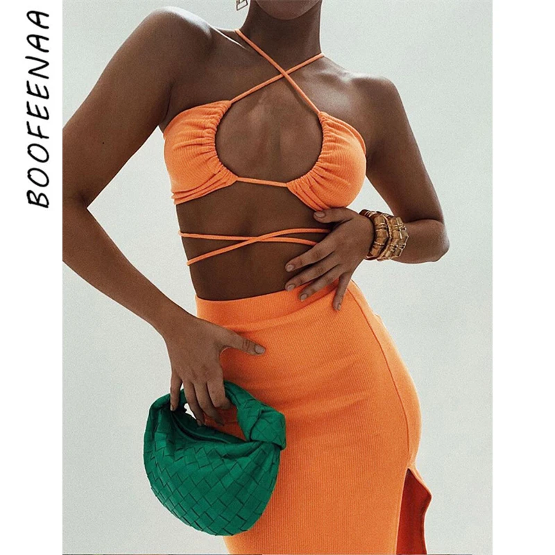 

BOOFEENAA сексуальный комплект из двух частей для женщин для отдыха комплекты оранжевого цвета трикотажная длинная юбка с разрезом крест с лямк...