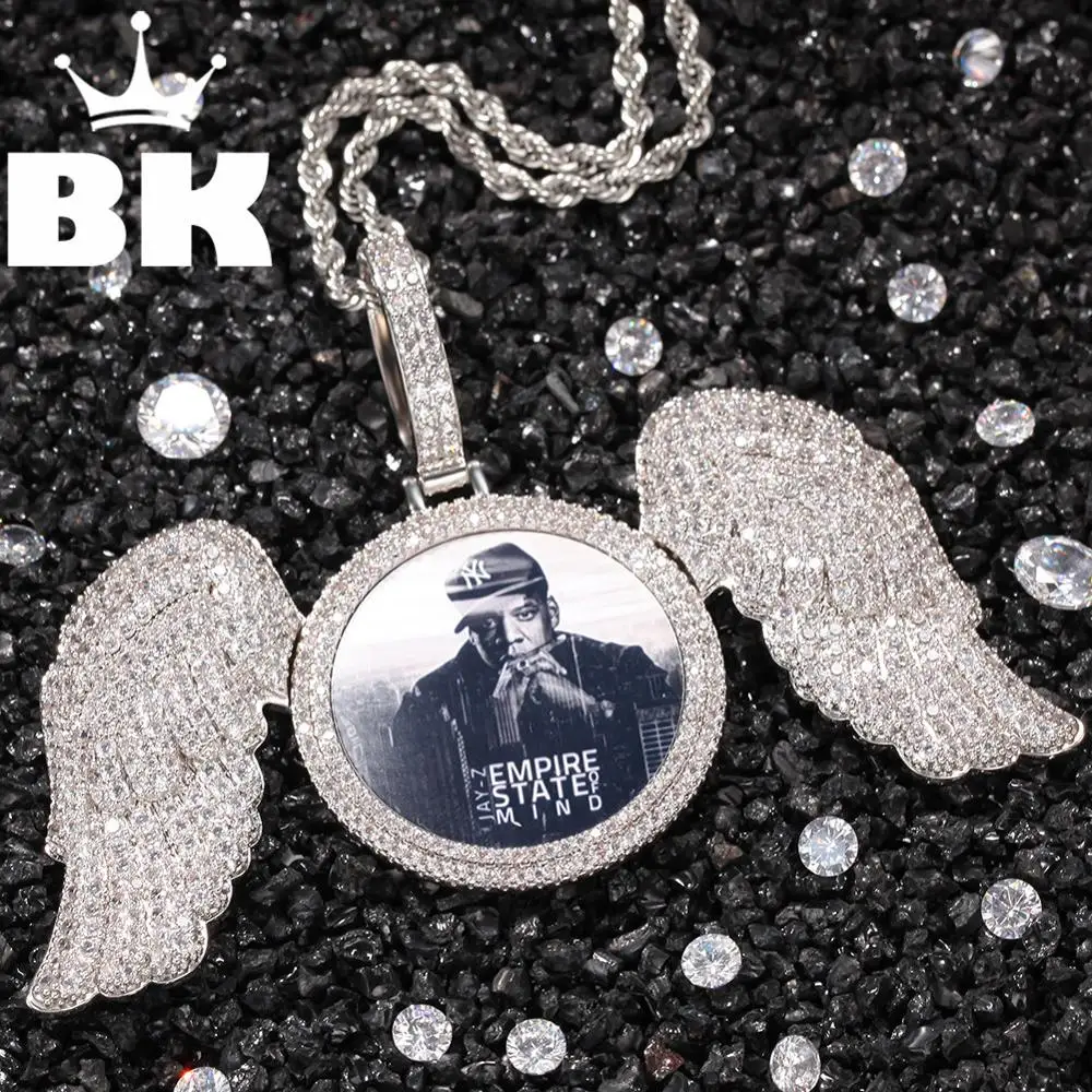 

THE BLING KING White Angel Wings Custom Photo Pendant Necklace Gold Color Full Iced Out Zircon Round Tag Hiphop Jewelry