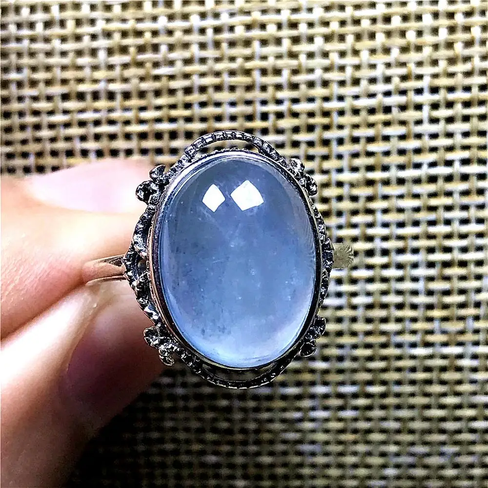 15x12mm Top Natural Ocean Blue Aquamarine Ring Silver Sterling Jewelry For Woman Man Crystal Beads Stone Adjustable AAAAA | Украшения и