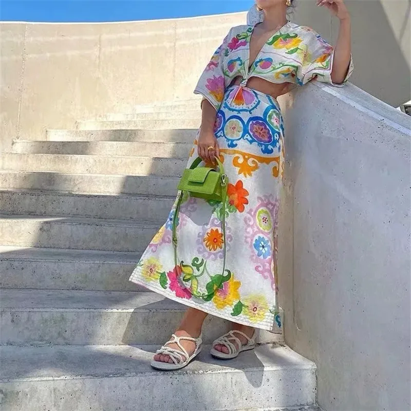 

PSEEWE Za 2021 Cut Out Dress Woman Print Long Dress Women Fashion Knot Vintage Midi Summer Dresses Ladies Boho Beach Dresses