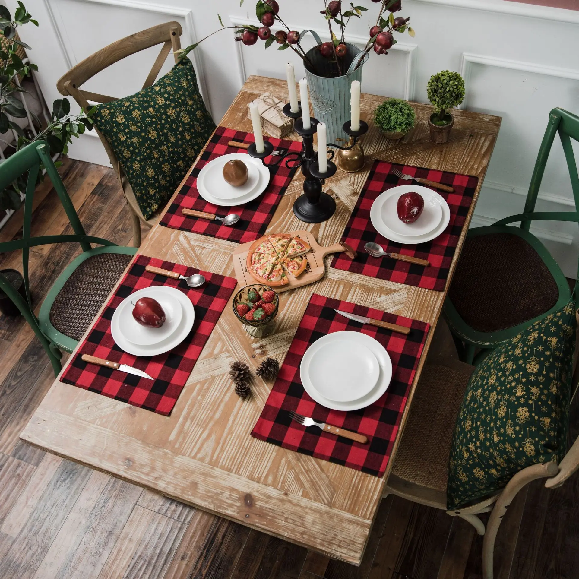 

Christmas Table Food Mat Cotton Linen Coasters Double Side Black Red White Checked Home Holiday Table Decorations Plaid Placemat