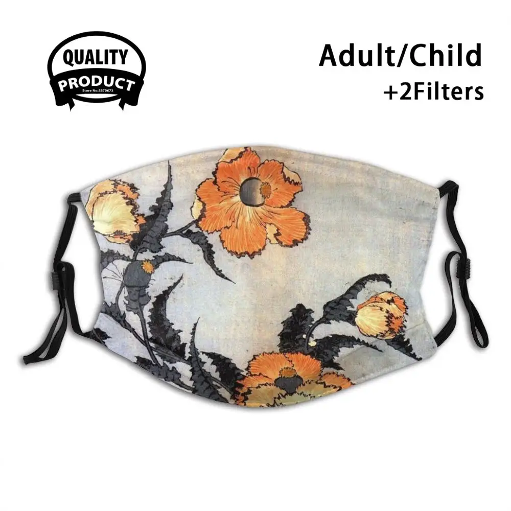 

Japanese Historical Painting Orange Blooming Poppies Flowers Reusable Mouth Mask Filter Cool Kawaii Funny Custom Design Masks